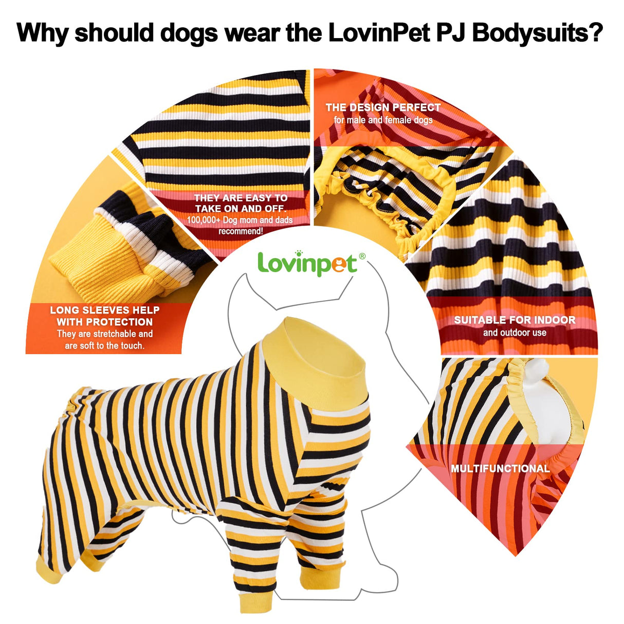 LovinPet Big Dog Pajamas, Cotton Black and Yellow Stripe Dog Shirt, Full Coverage Dog Onesie, Pet Pajamas for Dogs, Stop Shedding for Dogs, Pet PJ's, 3XL