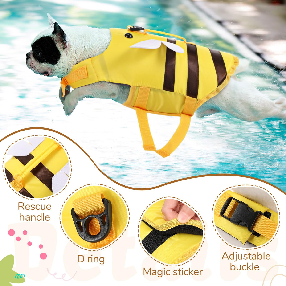 Relaxweex Dog Life Jacket Dog Life Vest for Swimming Boating Cute Bee Design with Rescue Handle Adjustable High Flotation Pet Lifesaver Swimsuit for Small Medium Large Puppy Water Safety (Small)