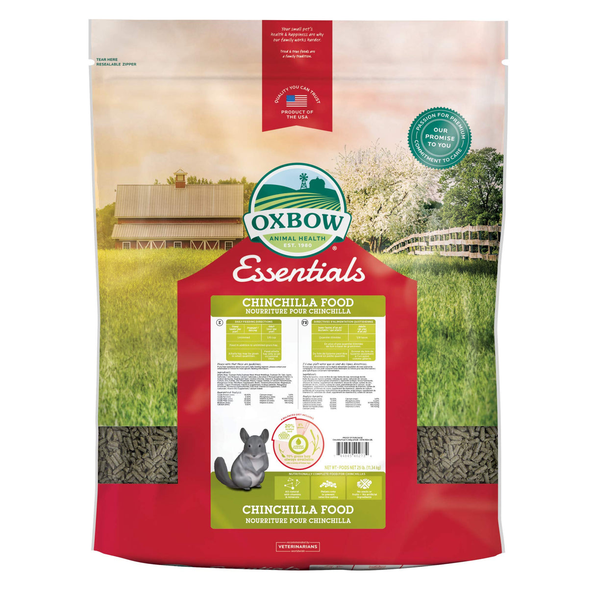 Oxbow Essentials Chinchilla Food, Made Alfalfa, Vitamin & Mineral Rich Food for Chinchillas, Small Animal Pet Pellets, Made in USA, High Fiber, 25 lb Bulk Bag
