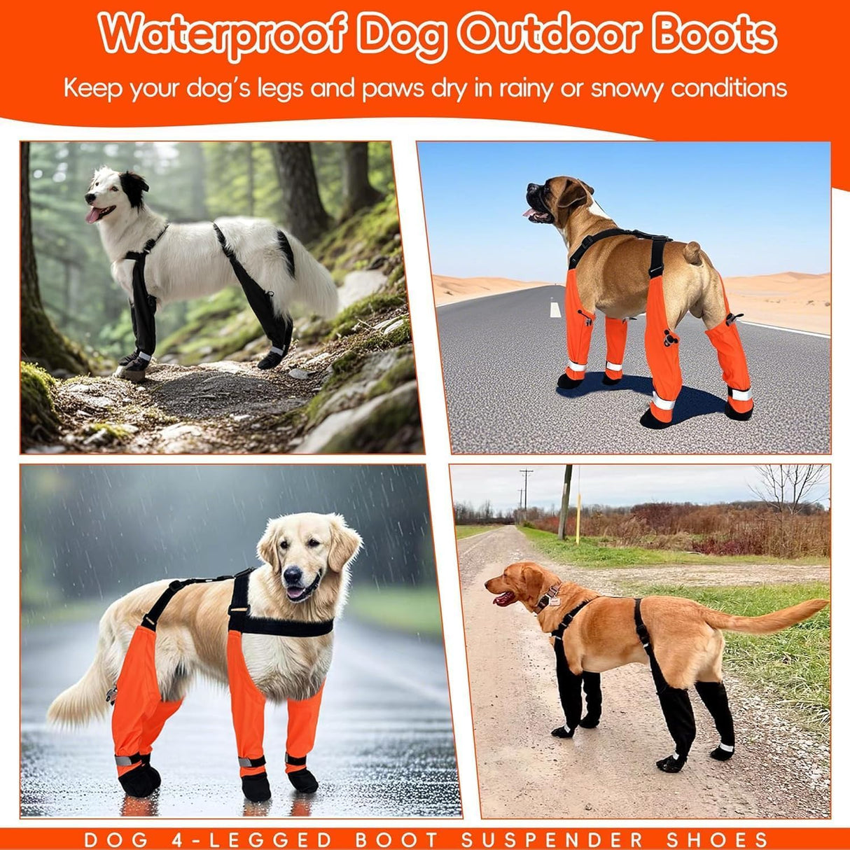 Dog Suspender Boots, Large Dog Rain Boots, Waterproof Doggy Winter Boot Snow Pants, Paw Protectors Legging Shoes with Suspenders,Anti-Slip Reflective Rain Boot for Walk Hike Outdoor Snowy(M,Blacke)