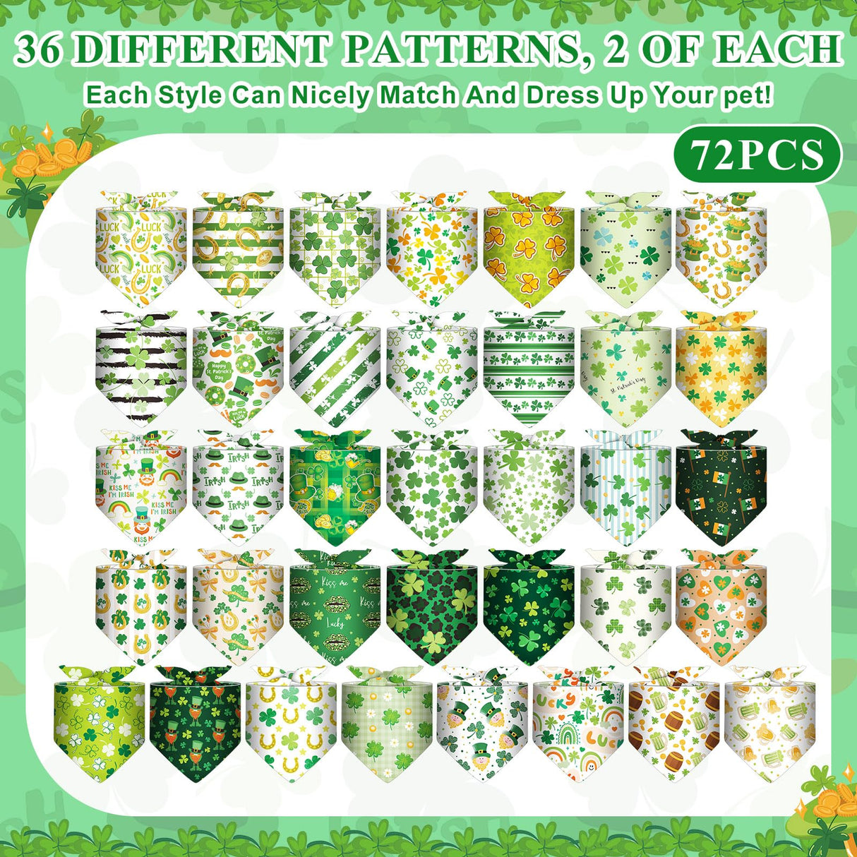 Bulyoou 72 Pcs St Patrick's Dog Bandanas Bulk Shamrock Bandanas for Dog Adjustable Washable Pet Triangle Scarf Soft Kerchief Bib for St Patrick's Holiday Pet Costume Accessories