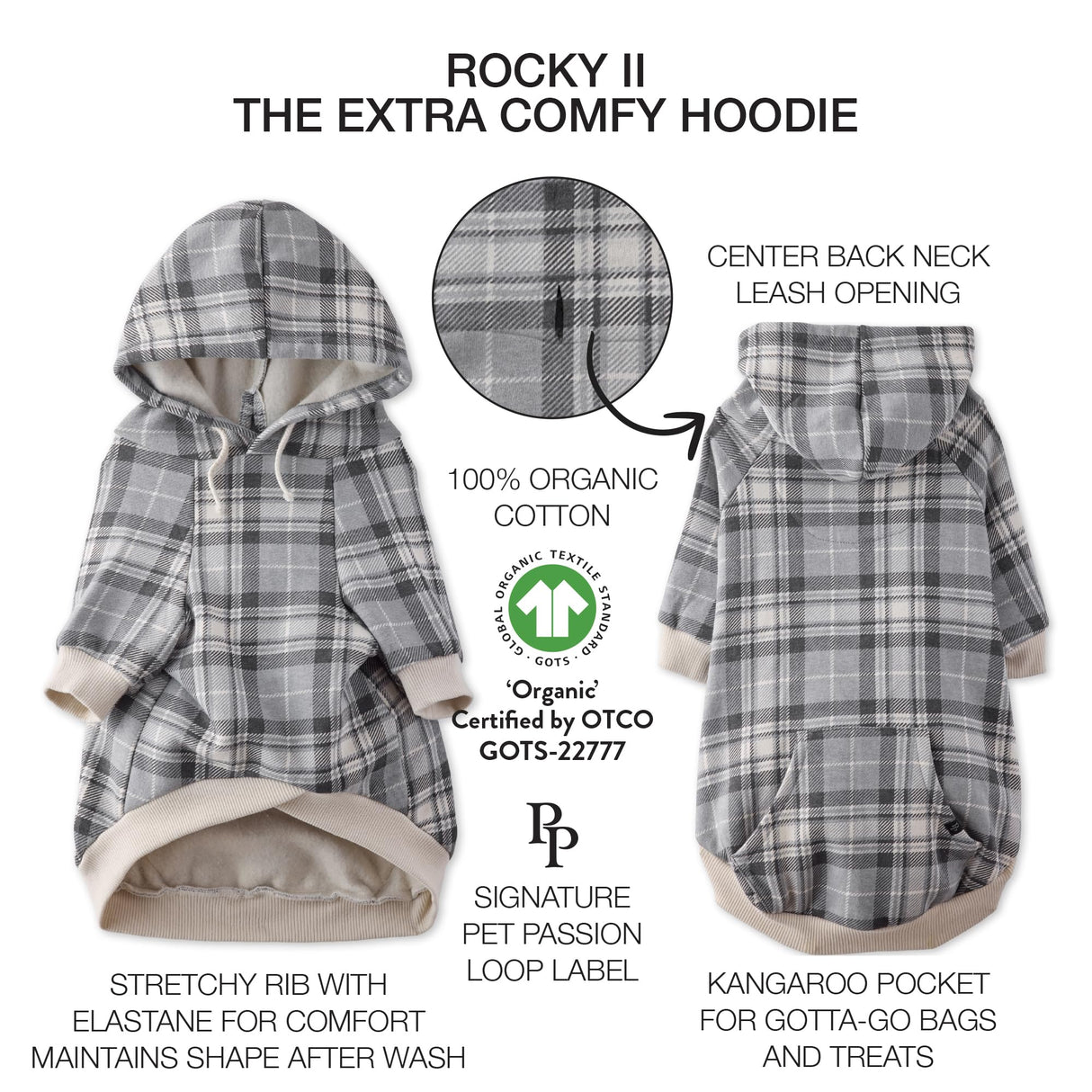Pet Passion Rocky II - The Extra Comfy Hoodie, Organic Cotton and Recycled Poly Dog Hoodie Pet Coat Sweater for Small, Medium, Large Dogs, Gray Chesterfield Plaid, Large
