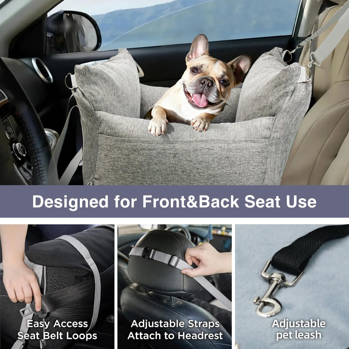 HAZOOWILL Pet Car Booster Seat for Small Dogs up to 25 lbs with Safety Straps, Storage Pockets, Travel Carrier Bed with Detachable Cover, Machine Washable (Light Gray)