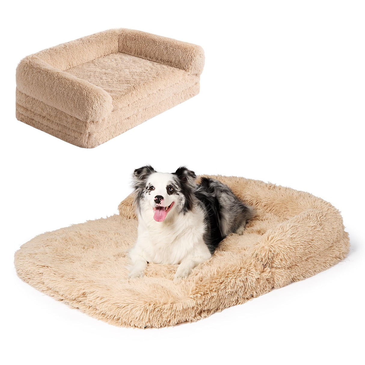 EHEYCIGA Foldable XXL Dog Bed for Large Sized Dog, 54"x38"x7.5" Faux Fur Fluffy Pet Couch Bed, Orthopedic Calming Memory Foam Big Pet Bed, Washable Pet Sofa Bed with Non-Slip Bottom, Camel