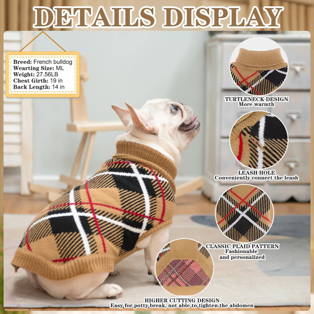 EXPAWLORER Fall Dog Sweater for Small Medieum Large Dogs, Knitted Pullover Turtleneck Cold Weather Classic Plaid Pet Clothes Sweatshirt Outfits for Winter, Girl/Boy Knitwear with Leash Hole Beige ML