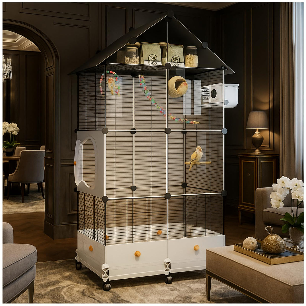 60in Large Flight Bird cage, Equipped with Bird's Nest， Ladder, Swing, Feeder, etc. with Wheels for Easy Outdoor Movement, Suitable for Parrots, Pigeons (Black, 28.4" L x14.2W x 60" H)