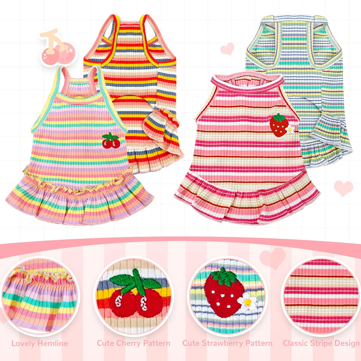 XGDMEIL Cute Small Dog Dress Girl Female Dog Clothes Spring Summer Pet Puppy Cats Striped Dress Outfits for Shih Tzu Yorkies Chihuahua Maltese(4 Pcs,X-Large)