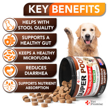 Load image into Gallery viewer, Vet Promise Super Poop Probiotics for Dogs - Dog Stool Softener - Fiber for Dogs Supplement - 6 Probiotics and Digestive Enzymes - Healthy Gut - Perfect for Firm Stool &amp; Diarrhea Relief - 120 Chews
