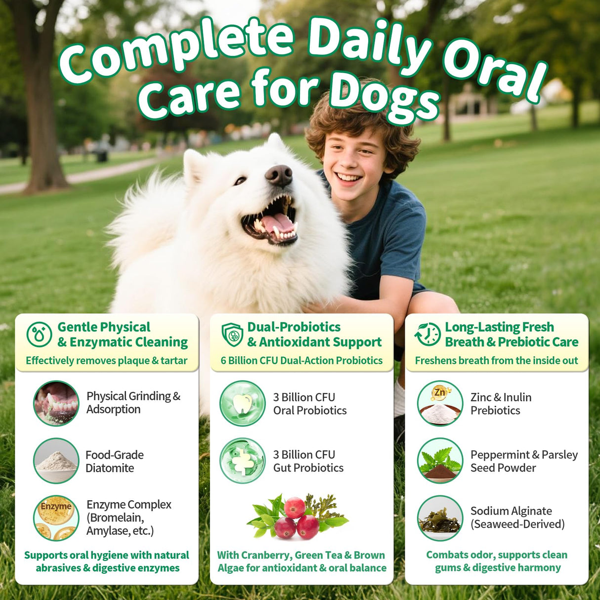 POPPAW Dog Dental Powder – Teeth Cleaning Powder with 6B CFU Probiotics, Enzymes & Antioxidants, Plaque & Tartar Off, Fresh Breath Support, No Brushing Oral Care, Mint Chicken Flavor, 75 Servings