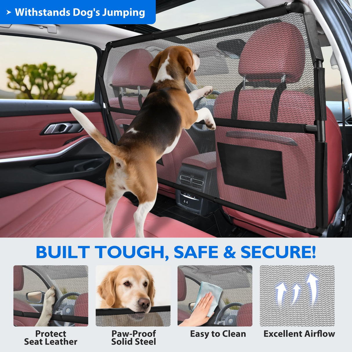 Dog Barrier for Truck, 56" Dog Car Barrier Behind Front Seat, Escape-Proof Back Seat Divider & Trunk Cargo Gate, Durable Heavy Duty Pet Gate Net for Truck, SUV & Large Vehicles