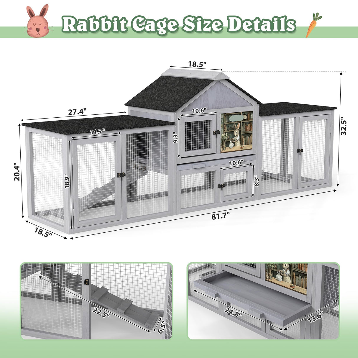 COZIWOW 82inches Extra Large Wood Rabbit Hutch Outdoor Easy to Assemble and Stable Bunny Cage Indoor with Cleaning Tray & Waterproof Roof for Small and Medium Bunny Rabbit Chick（Grey with Pattern）