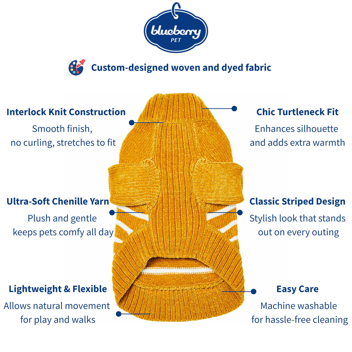 Blueberry Pet Cozy Soft Chenille Classy Striped Dog Sweater in Mustard, Back Length 18", Pack of 1 Clothes for Dogs