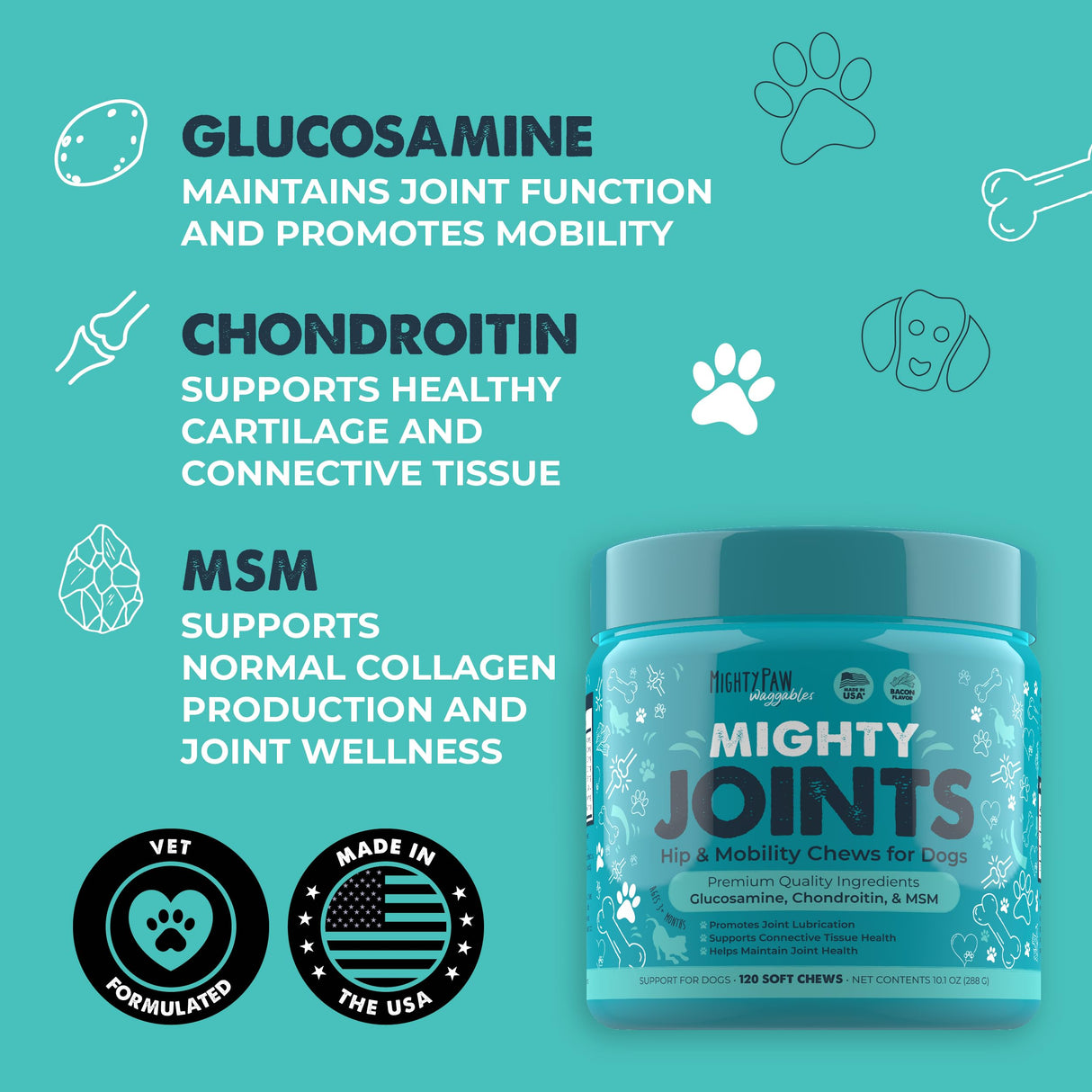 Mighty Paw Waggables Joint Support Supplement for Dogs (Made in USA) | Glucosamine for Dogs Hip and Joint Supplement. Vet Formulated Pet Mobility, Chondriotin & MSM Pet Chews (120 Ct)