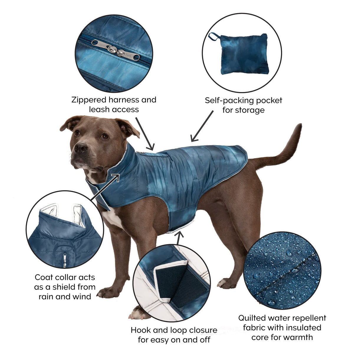 Furhaven Water-Repellent & Reversible Medium Dog Coat, Washable & Reflective w/ Leash Access, Pocket, & Carry-On Purse - Puffer Dog Jacket - Blue Watercolor, Medium