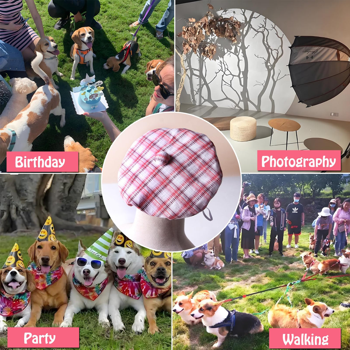 SEIS 3 Pcs Dog Berets Fashion Pet Hat French Artist Cat Cap Baseball Cap for Party Birthday Wedding Photo (L, Stripe)
