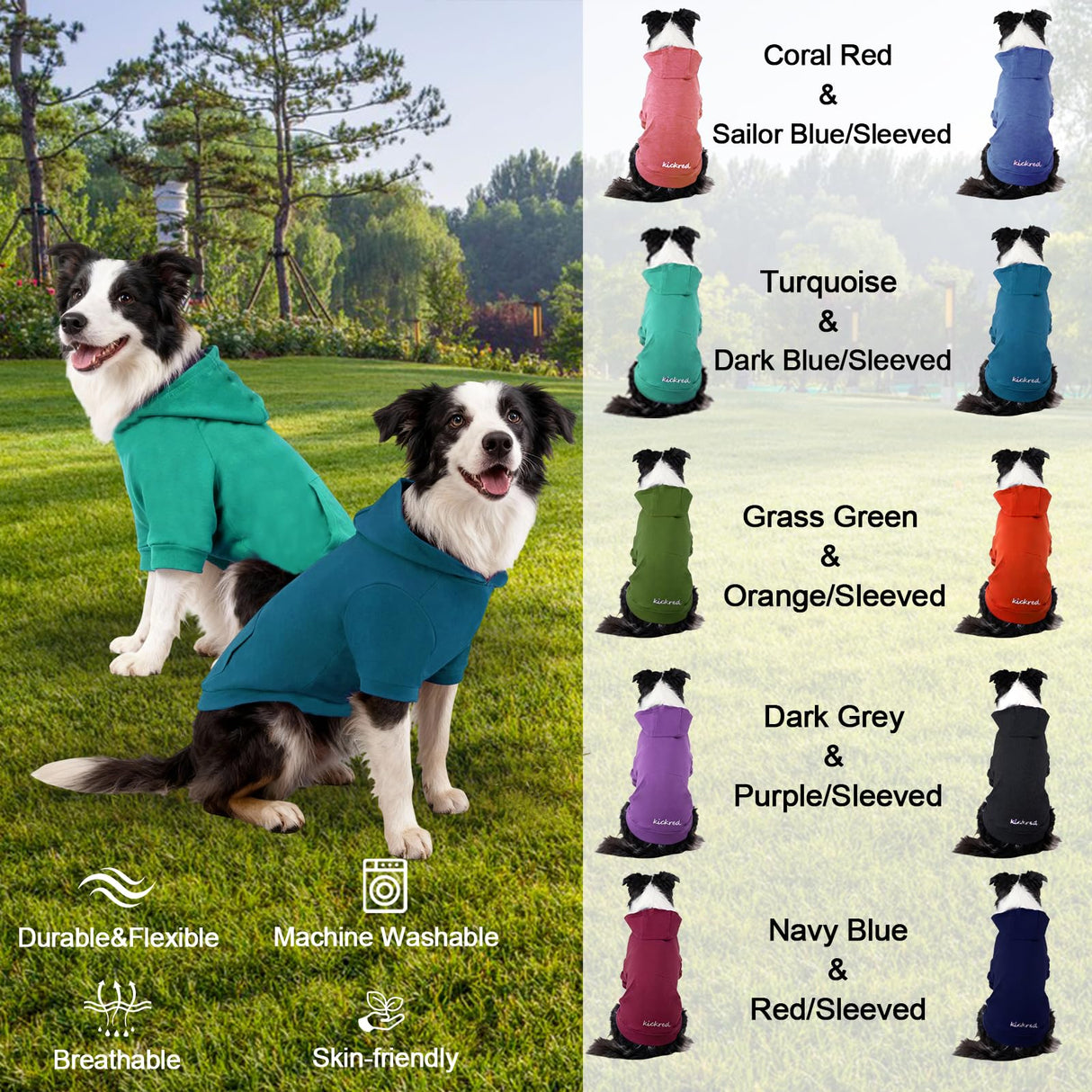 Kickred 2 Pieces Basic Cotton Dog Hoodie Sweater, Soft Pet Clothes Dog Sweatshirts, Dog Outfit Coat Pullover with Pocket and Leash Hole for Small Medium Large Dogs, Turquoise & Dark Blue (X-Large)