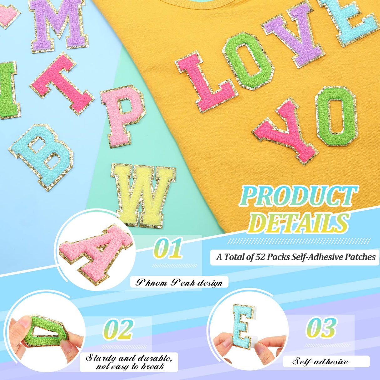 WILLBOND 52 Pcs Chenille Letter Patches Bulk Self Adhesive Letter Patches for Backpacks Stick on Letters Embroidered Applique Patch for Clothing Hats Halloween Christmas Supplies(Multicolor)
