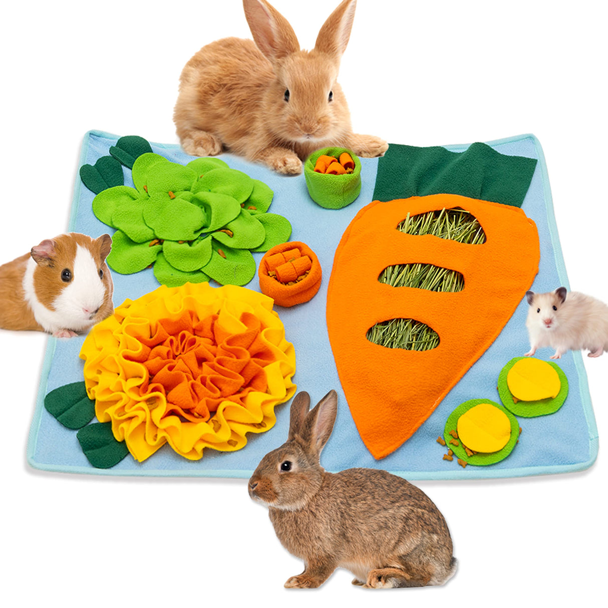 Rabbit Hay Feeder - Interactive Polar Fleece Pet Foraging Mat Toy Indoor for Guinea Pig Bunny Chinchillas Hamster Ferrets Small Animals - Anti Slip Feeding Mat Treat Dispenser Machine Washable