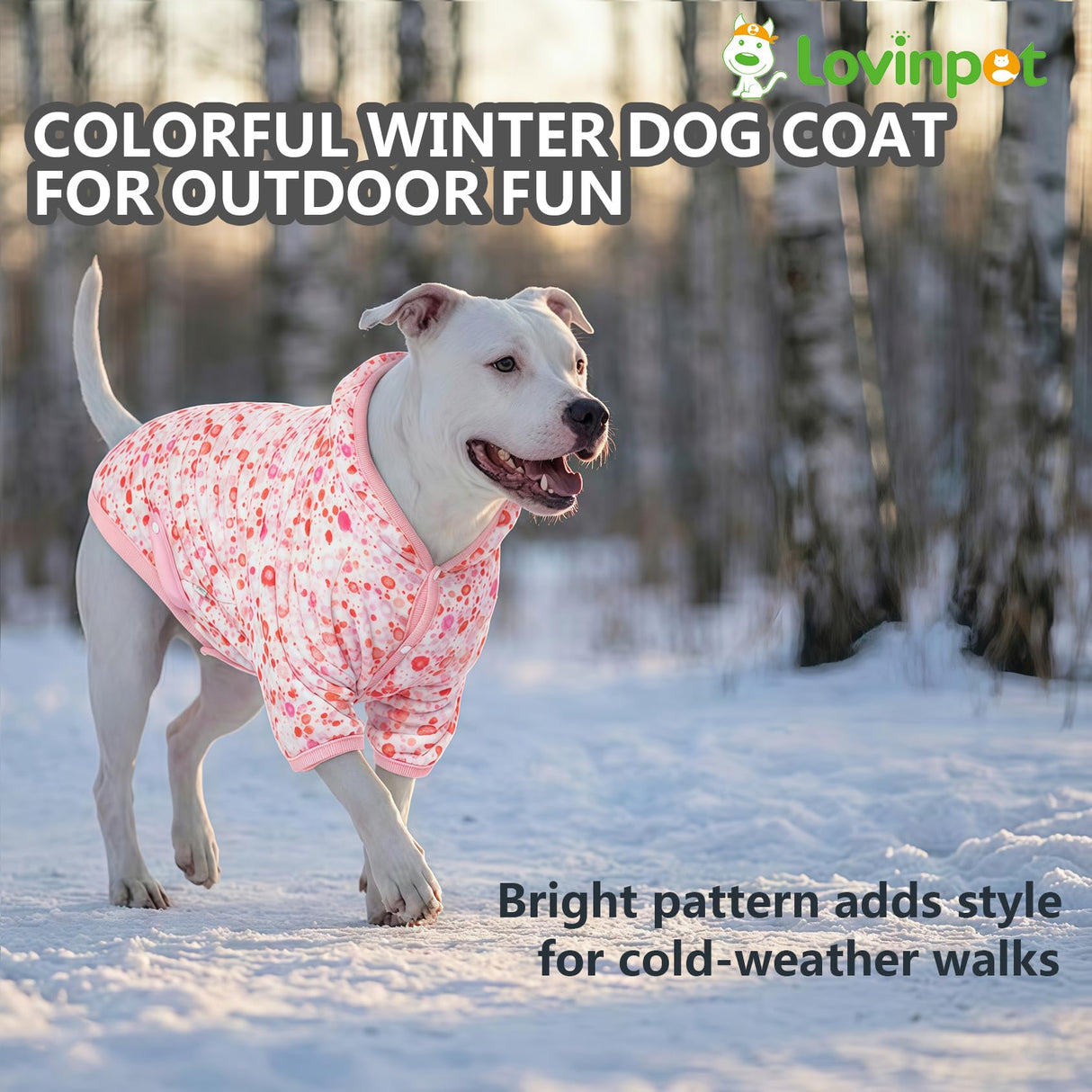 LovinPet Warm Dog Sweater, Flannel Sweater for Large Dogs, Warm Winter Clothes with Front Sleeves, Soft Onesie Pajamas for Short-Hair Breeds, Small Dots Light Pink Prints, L