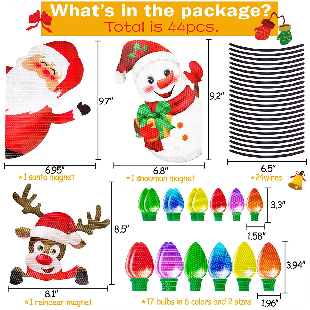 44PCS Christmas Car Refrigerator Decorations - Reflective Bulb Light Santa Reindeer Tree Snowman Magnet Accessories Set Xmas Holiday Cute Decor