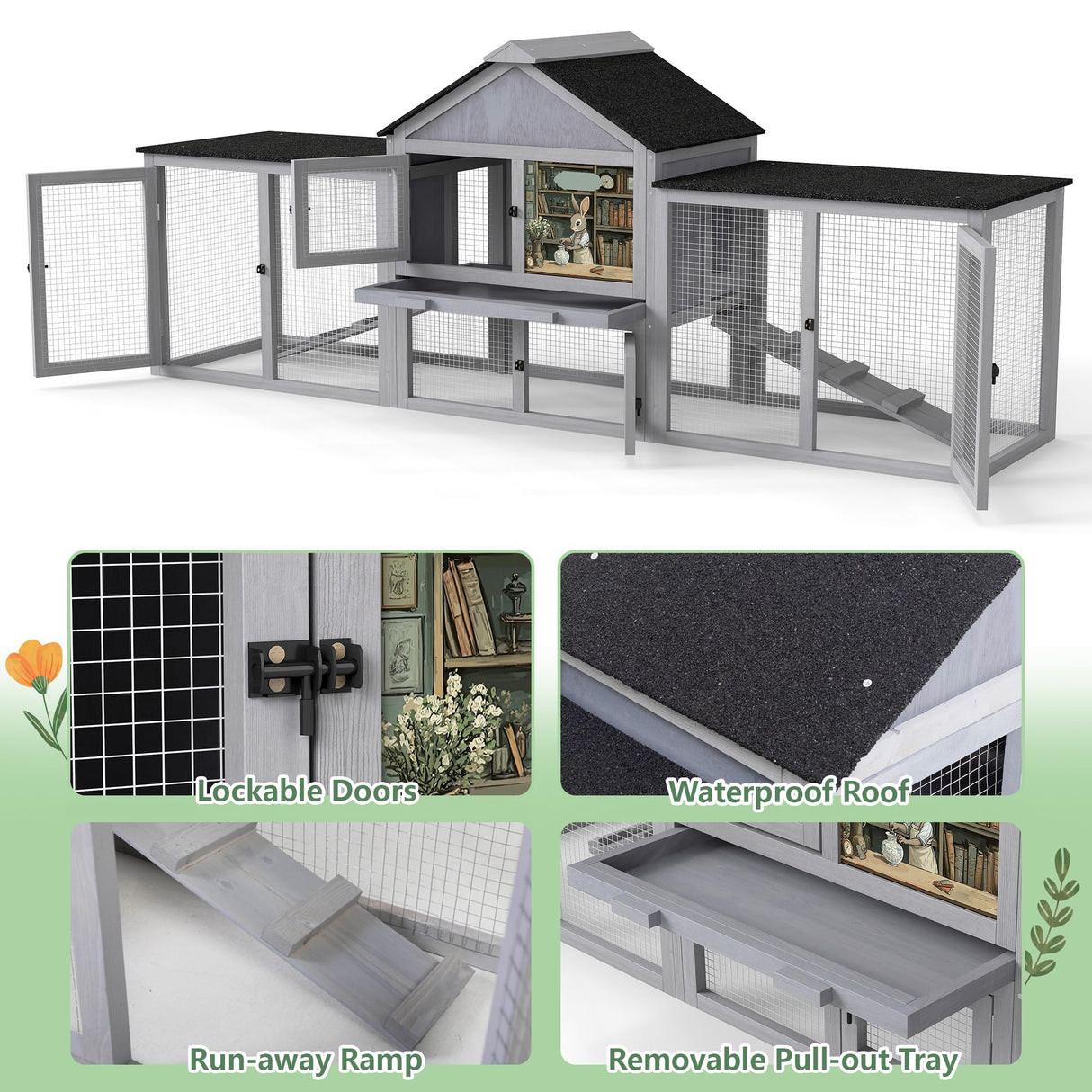 COZIWOW 82inches Extra Large Wood Rabbit Hutch Outdoor Easy to Assemble and Stable Bunny Cage Indoor with Cleaning Tray & Waterproof Roof for Small and Medium Bunny Rabbit Chick（Grey with Pattern）