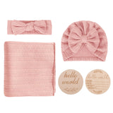 DRESHOW BQUBO Baby Swaddle Blankets for Girls, 4PCS Newborn Accessories Set with Matching Hat and Bow Headband with Card