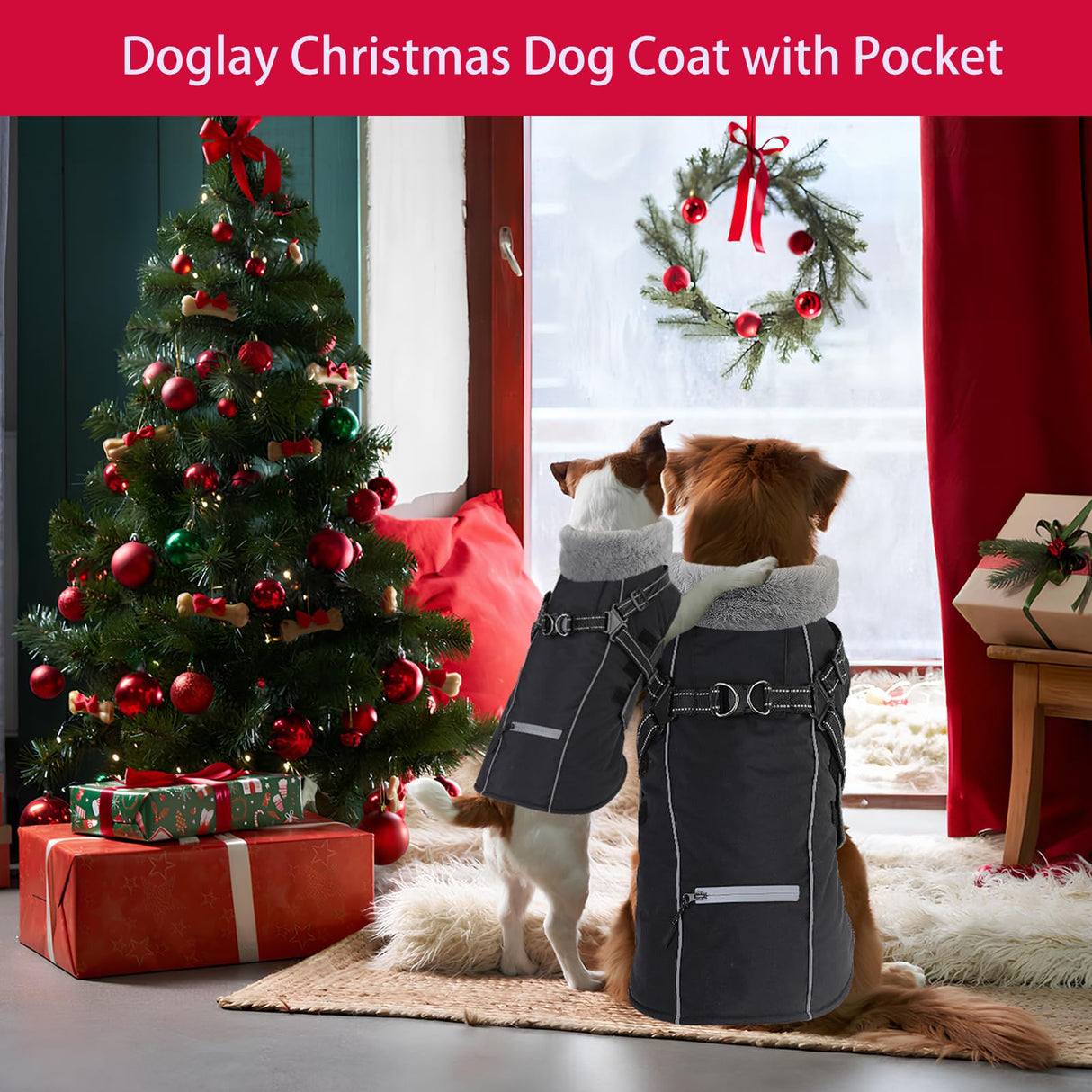 Doglay 2 in 1 Dog Coat with Harness Built-in, Waterproof Dog Winter Jacket with Pocket & Poop Bags, Reflective Adjustable Pet Winter Coat for Small, Medium, Large Dogs - Black, 3XL