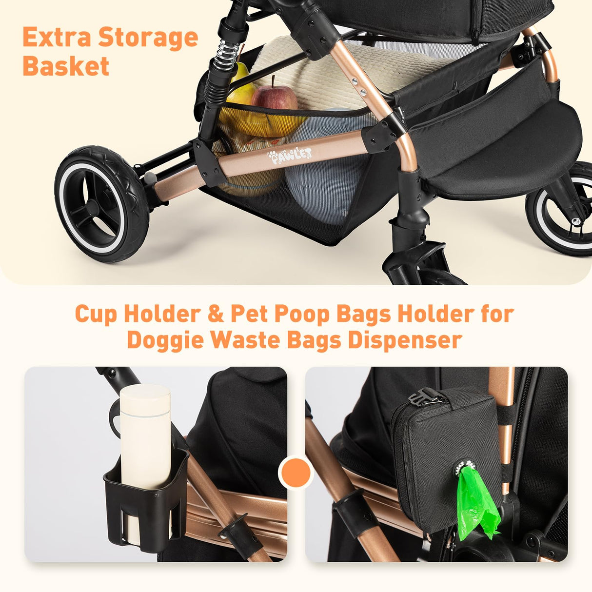 PAWLET Pet Stroller,Dog Stroller for Medium Dogs Up to 52 Lbs,Cat Strollers for 2 Cats with Waterproof Oxford Fiber Detachable Carrier,Poop Bag Dispenser,Adjustable Handle&Canopy,for Senior Dogs&Cats