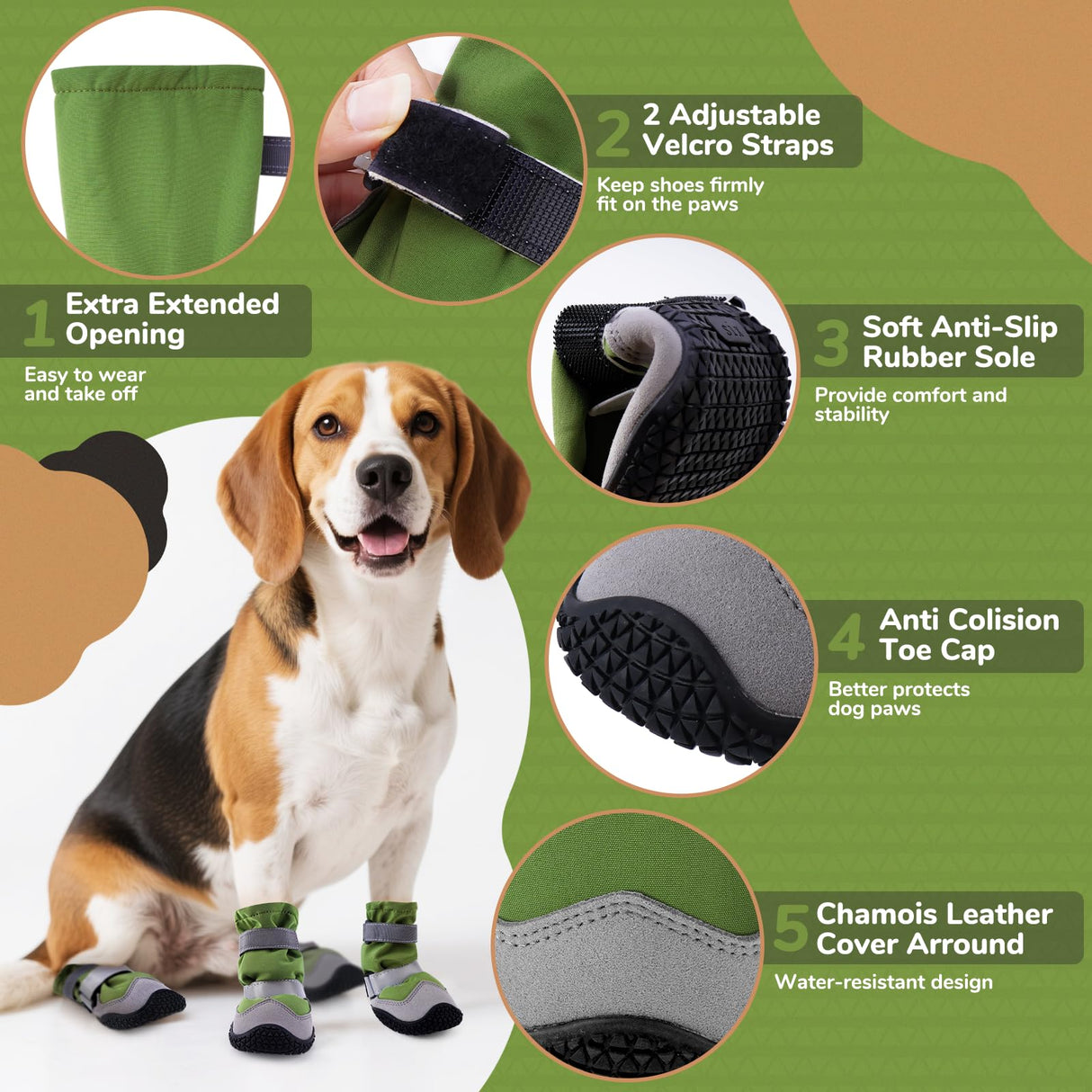 Winter Dog Snow Boots with Fleece Lining, Dog Shoes for Medium Large Size Dogs, Waterproof Dog Booties and Paw Protectors, Anti-Slip & Reflective Dog Shoes for Snow Outdoor, Hiking (Green-Size 3)