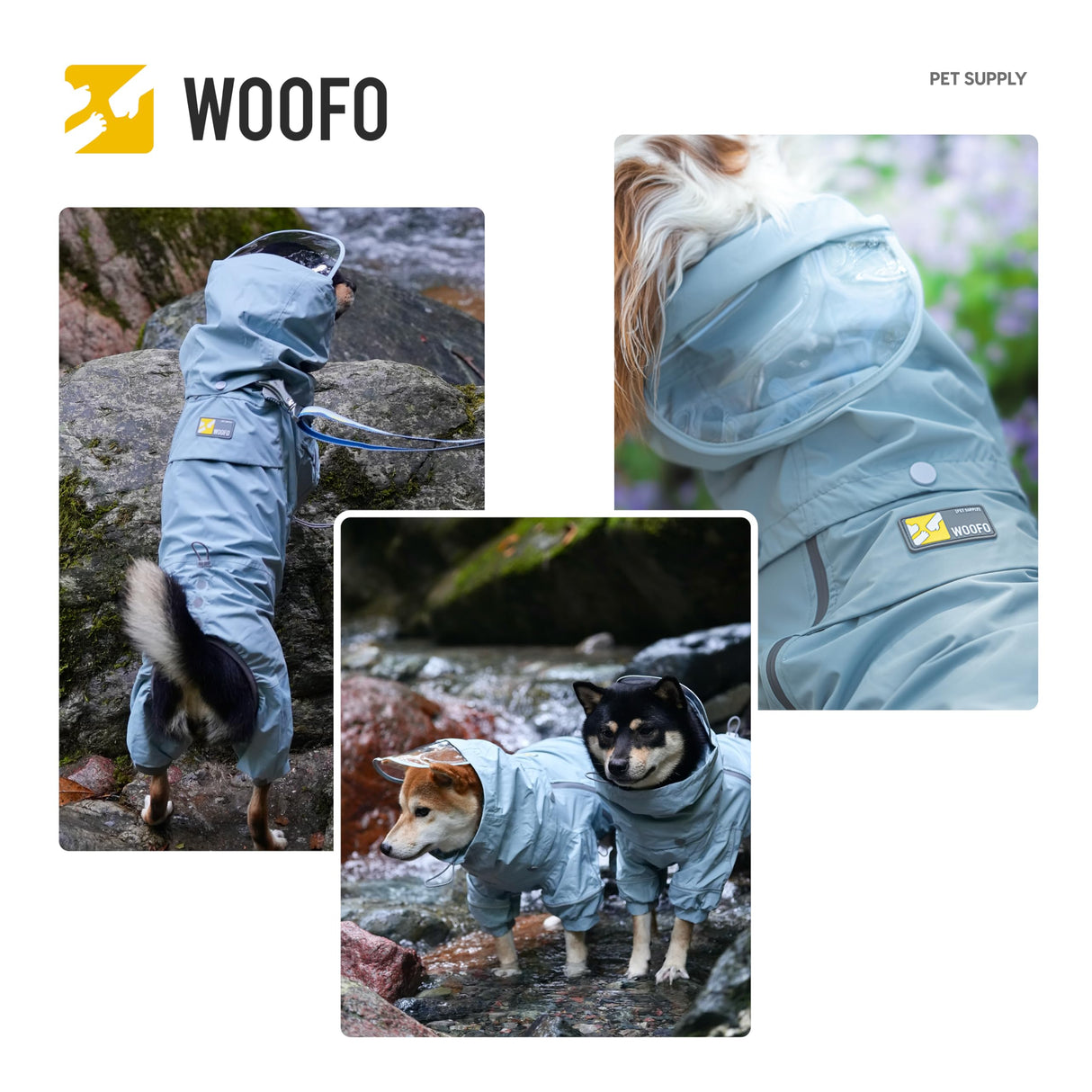 WOOFO Full-Coverage Dog Raincoat, Lightweight, Comfortable, Adjustable & Easy to Wear Dog Rain Jacket, Detachable Cap, Reflective Strip (Grey, Large)