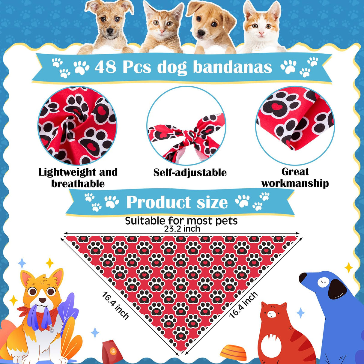 Bunnycool 72 Pcs Dog Bandanas Tie Set Cute Bulks Pet Scarves with Paw Cat Pattern Adjustable Cute Dog Triangle Scarfs Neck Ties for Holiday Birthday Accessories