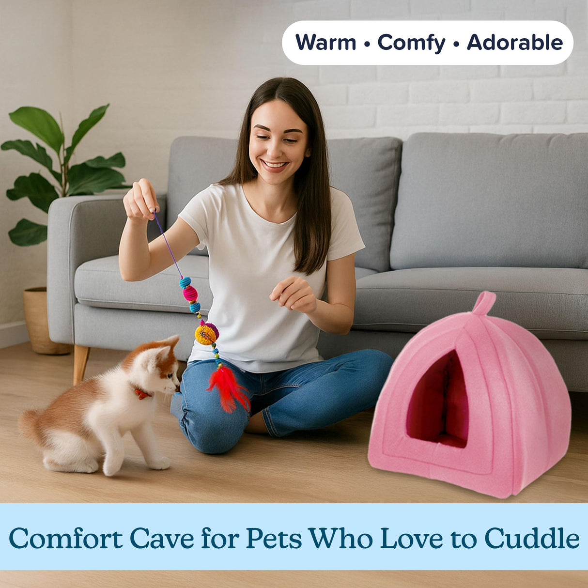 Cat House - Indoor Bed with Removable Foam Cushion - Pet Tent for Puppies, Rabbits, Guinea Pigs, Hedgehogs, and Other Small Animals by PETMAKER (Pink)