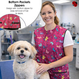 Ladybird Line 711 Pink Dog Design Waterproof Pet Grooming Vest, Hair and Bleach Resistant, Covered Zipper Panel, Mesh Back, Adjustable Back Tie Belt, 2 Front Pockets, Pet Groomers and Vet Clinics-3XL