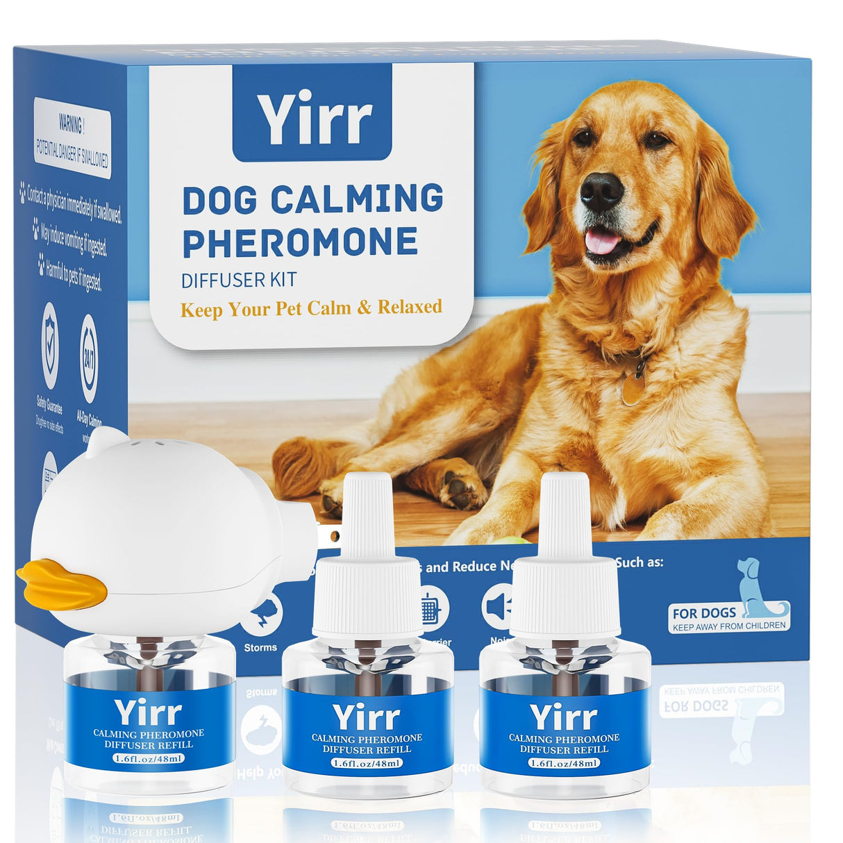 Yirr Dog Calming Diffuser, 4 in 1 Dog Pheromones Calming Diffuser, Relaxing Pheromone for Dogs Relief Stress Anxiety Reduce Aggression Barking, Help Train Dog to Pee, 1 Diffuser 3 Refill(48ml)