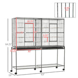 PawHut 65" Double Rolling Metal Bird Cage with Divider, Large Parrot Cage for Parakeet, Canaries, Lovebirds, Budgie, Finch, with Detachable Rolling Stand, Storage Shelf, Wood Perch & Food Container