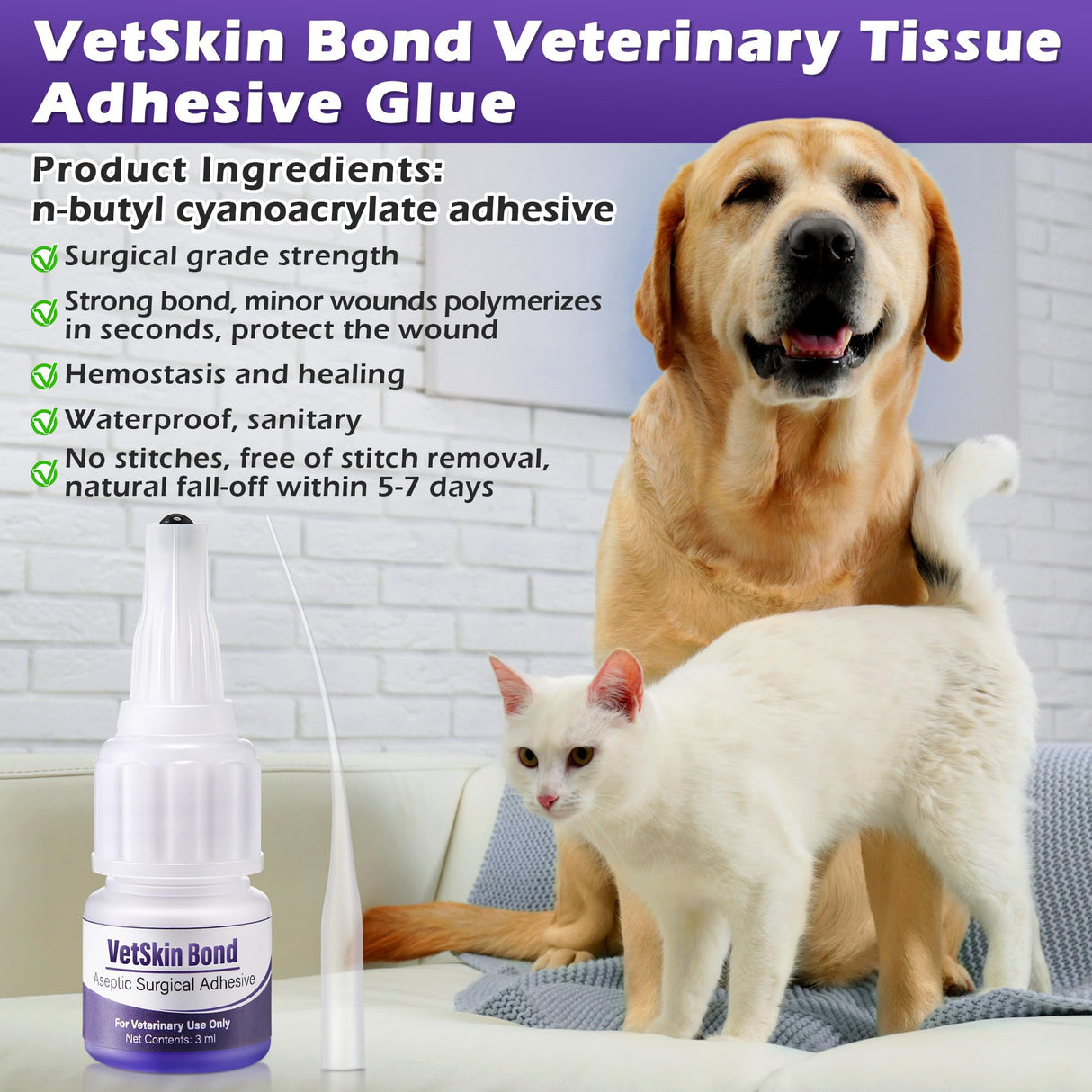 1 Pack 3ml Veterinary Surgical Skin Glue with 10 Precise Applicators, Strong Surgical Adhesive, Blue-Tinted Animal Tissue Wound Glue, Fast Bleeding Control and Waterproof Wound Sealant for Pets