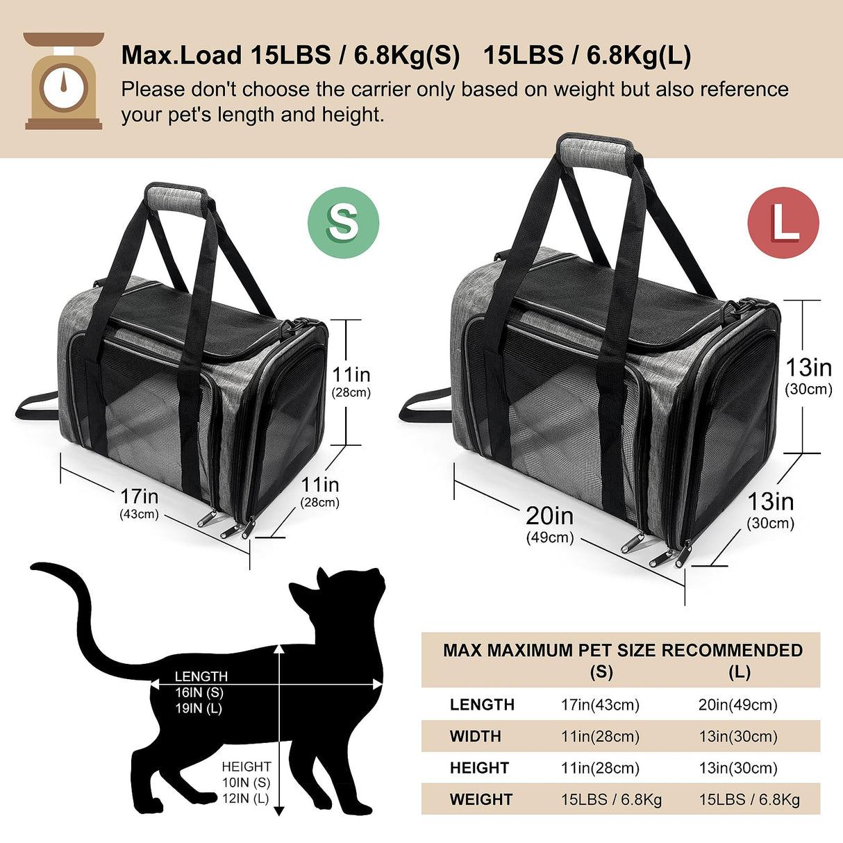 Pucewmy Pet Carrier for Small Dogs Cats, Up to 15Lbs, Airline Approved Collapsible Travel Puppy Carrier, 17x11x11 Inches, Grey