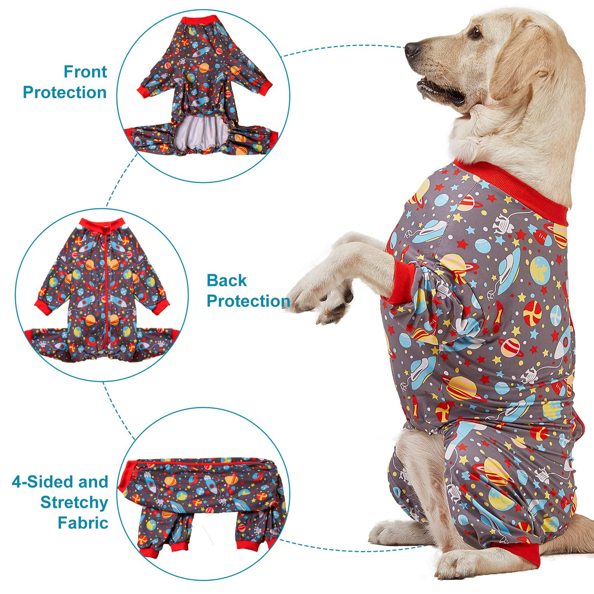 LovinPet Large Dog Pajamas: Large Breed Pitbull/Boxer/Labrador/Doberman, Lightweight Onesie, Space-Travel Grey Print,Post Surgery Shirt,UV Protection, Pet Anxiety Relief, Wound Care for Big Dog /2XL