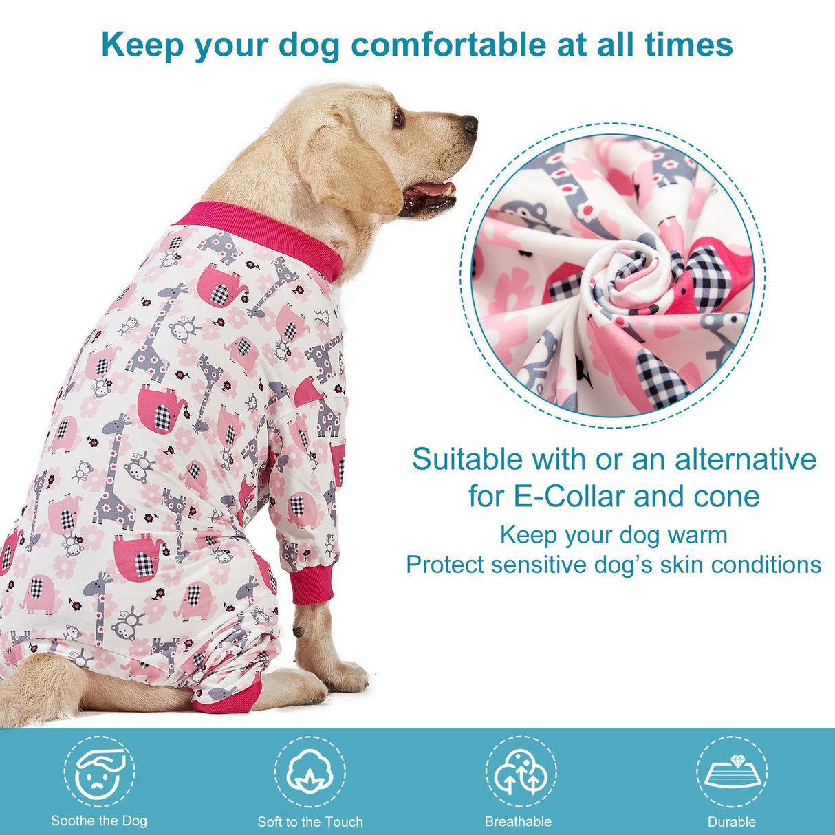 LovinPet Big Dog Pajamas, Pet Anxiety Relief, Anti Licking, Post Surgery Recovery Clothe, Lightweight Stretch Fabric, Jungle Dreams Fuchsia Print, Large Dog Jammies,Big Breed Pet PJ's, L