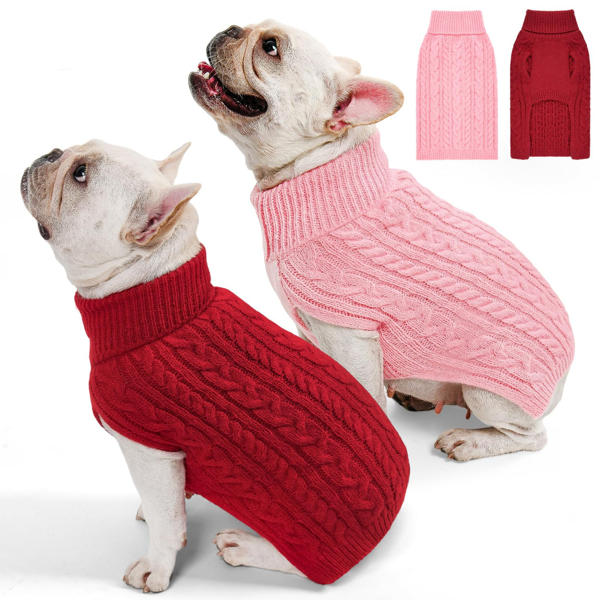 KCFESTIHUE 2 Pack Dog Sweaters for Medium Dogs Turtleneck Pullover Cable Knit Stretch Clothes French Bulldog Dachshund Boston Terrier Corgi Beagle Pug Boy Girl Pets Winter Clothes (M, Pink & Red)