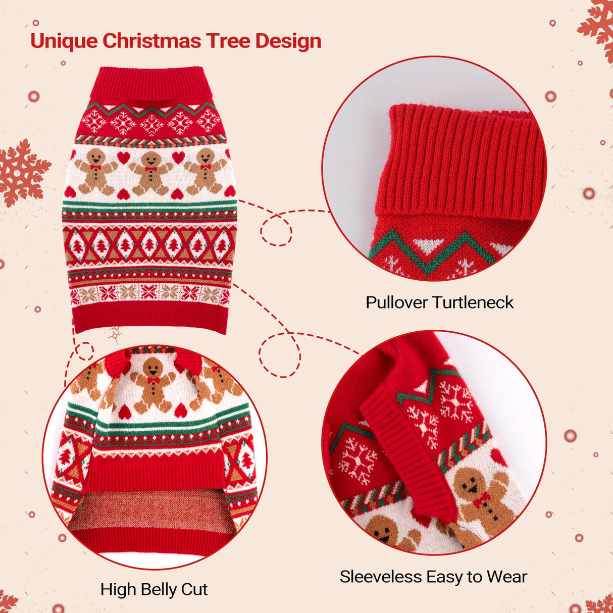 BAOBICUTE Christmas Dog Sweaters for Small Medium Large Dogs Girl Boy Knit Turtleneck Double Dog Sweater Clothes Winter Thick Warm Pet Puppy Outfit Snowflake Pattern for Holiday Christmas