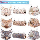 Abbylike 9 Pieces Rat Hammock 3 Tier Guinea Pig Ferret Hammocks Small Pet Hanging Tunnel Glider Toy Guinea Pig Ferret Hideout Bed Cage Accessories for Hamster(Light Brown, White, Black,Paw)