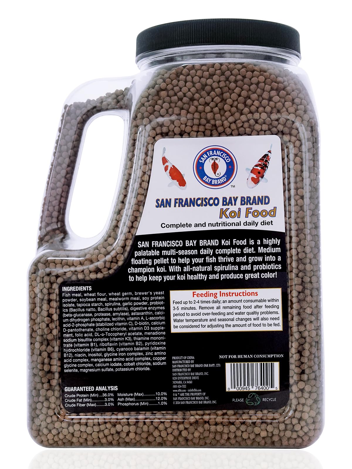 San Francisco Bay Brand Premium Koi Fish Food 4 lbs - Medium Floating Pellets Fish Food, All-Natural Spirulina & Probiotics Koi Food, Complete Multi-Season Diet, Enhance Color & Immunity, 36% Protein