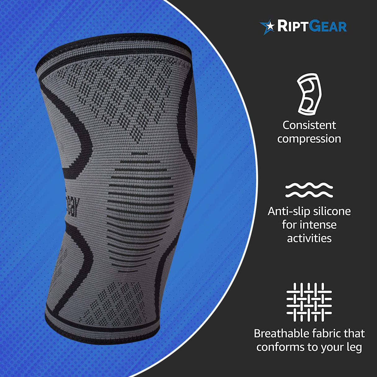 RiptGear Knee Compression Sleeve - Braces for Knee Pain - Compression for Arthritis, Meniscus Tear, Running, Walking - Support for Women and Men - Sleeves Weightlifting (Medium, Gray (1 Pack))