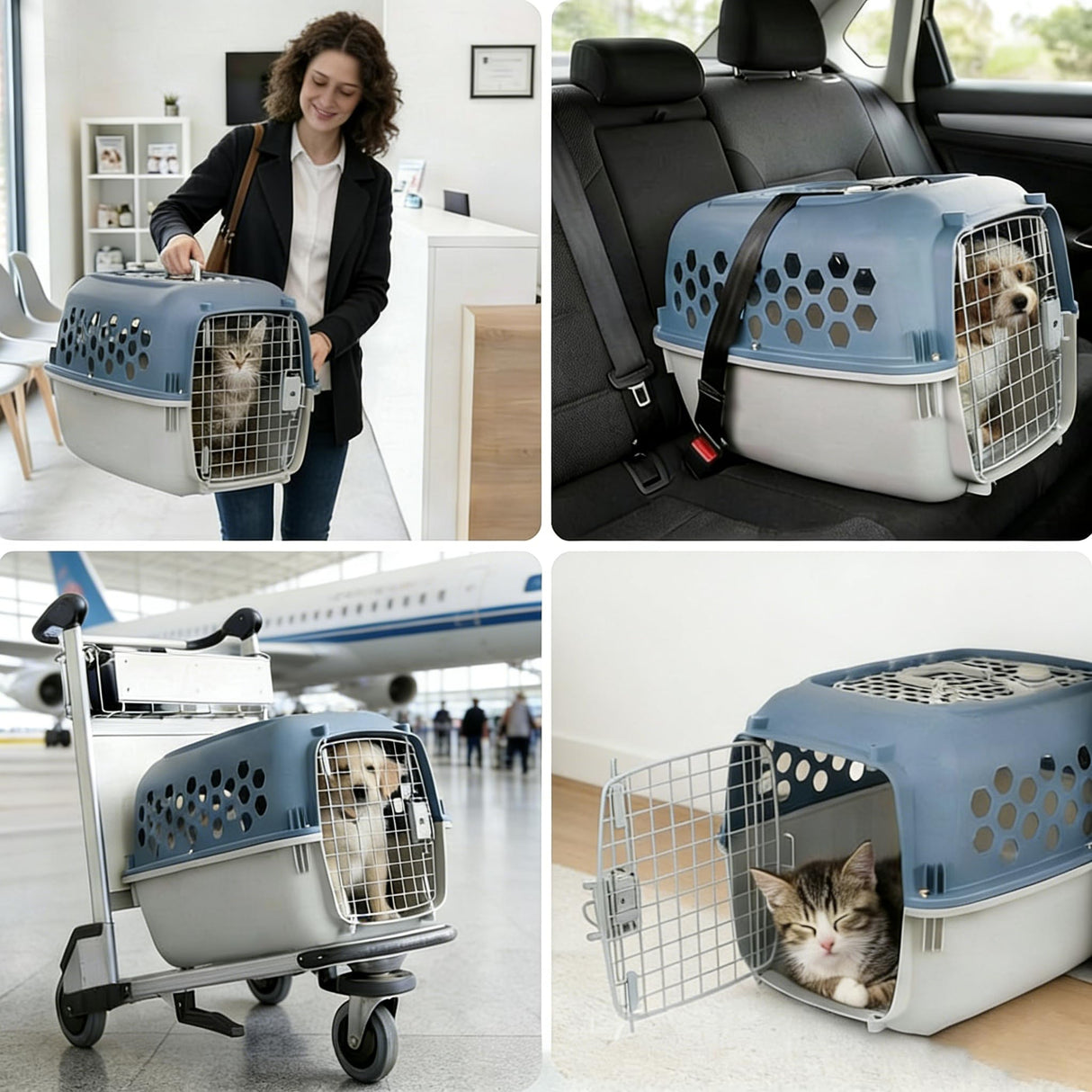 24" Pet Kennel Carrier for Small Dogs & Cats, Portable Travel & Home Use Two-Door (Top/Front Loading) Plastic Crate for 15-25 lbs Pets, Durable Blue