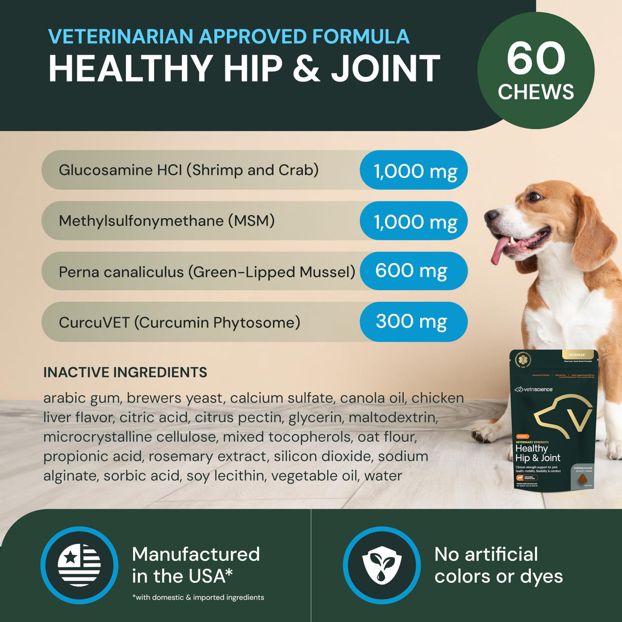 VETRISCIENCE Veterinary Strength Healthy Hip & Joint Chews - Joint Health Supplement for Dogs Over 60 Pounds - Supports Mobility & Flexibility in Large Dogs - 60 Count