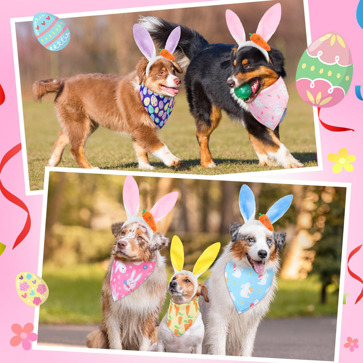 SilTriangle 16 Pack Dog Easter Outfit Including 8 Bunny Ears Headband and 8 Easter Dog Bandana Four Colors Bunny Ears Pet Bandana with Different Patterns