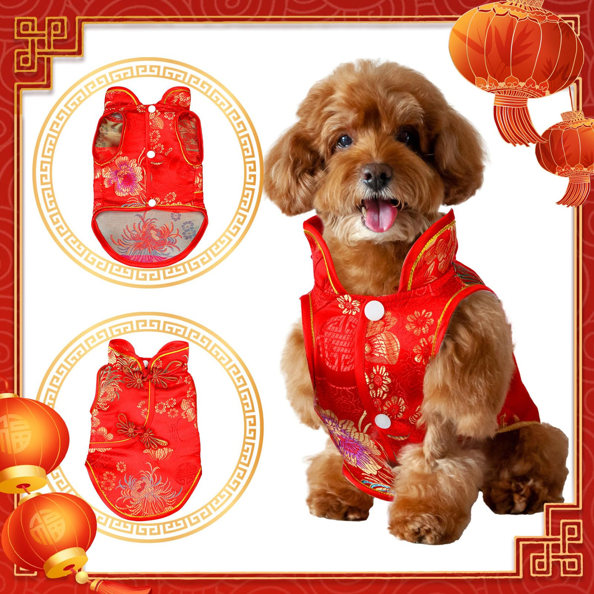 Ylinge Dog New Year Costume Chinese Knot Buttons for Dog Puppy Chinese Style Tang Suit Pet Spring Festival Satin Clothes Vest Tang Dynasty Winter Coat(L)