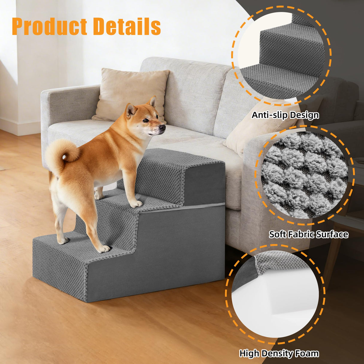 NEWBULIG 3-Step Dog Stairs, 13.5" H Dog Steps for Sofa and Chair, Non-Slip Sturdy Pet Steps for Small Dogs and Cats, Pet Ramp for High Bed Indoor