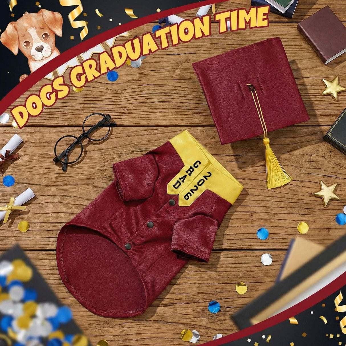 Huhumy 5 Pcs Dog Graduation Costume Set Include 2025 Pet Graduation Gown with Stole Puppy Grad Cap Lensless Glasses DIY Letter Stickers for Dogs Cats Holiday Costume Accessory(Maroon Yellow,XXL)
